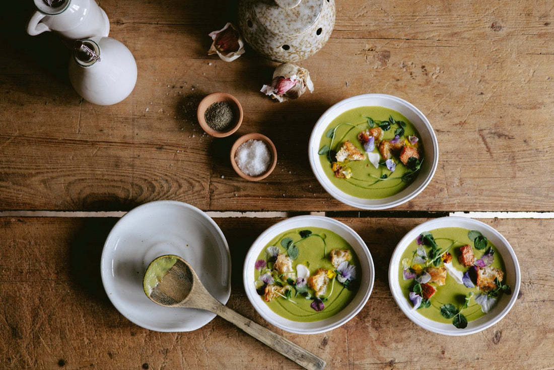 Fresh Pea Soup with Chili Croutons