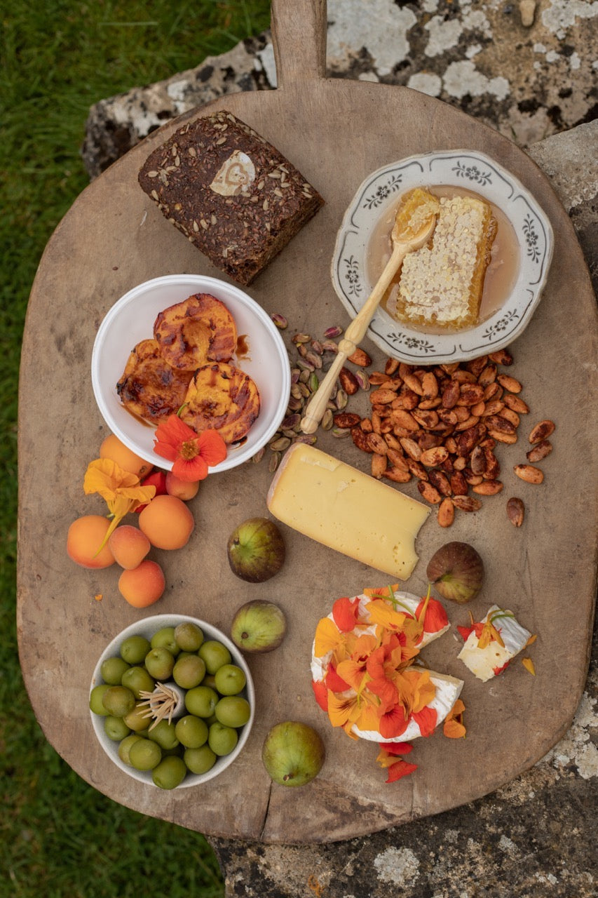 Honey Camembert with Smoked Paprika Almonds & Balsamic Glazed Grilled Peaches