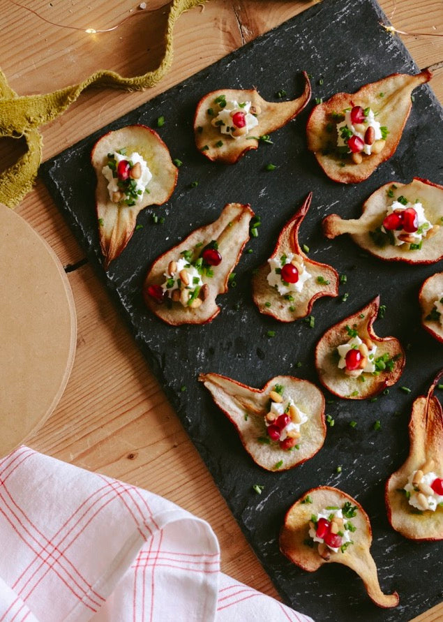 Slow Roasted Pear Chip with Whipped Goat Cheese & Toasted Pine Nuts